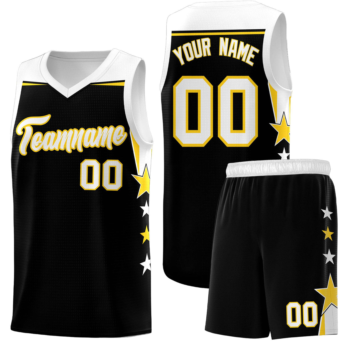Custom Youth Basketball Uniform Black White Two Tone Side Star Add Name Number & Logo