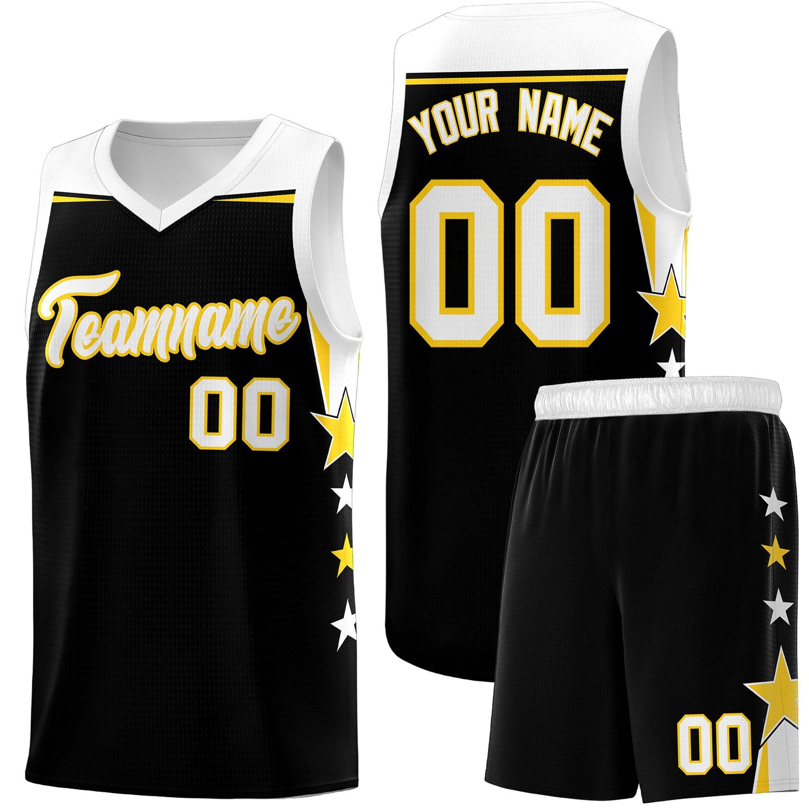 Custom Youth Basketball Uniform Black White Two Tone Side Star Add Name Number & Logo