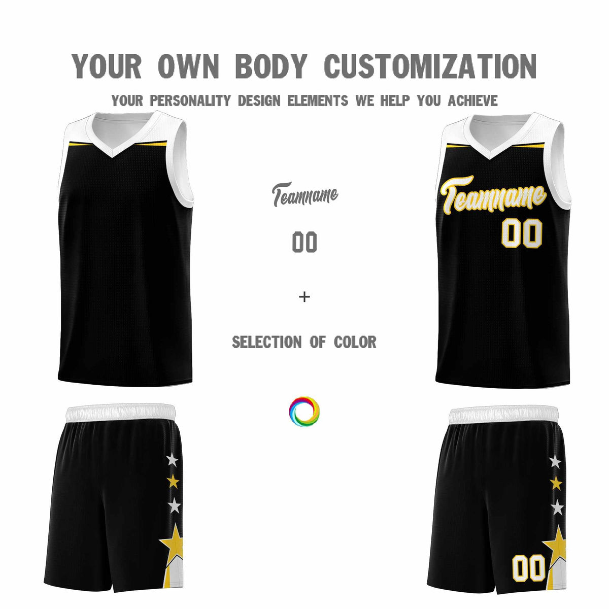 Custom Youth Basketball Uniform Black White Two Tone Side Star Add Name Number & Logo