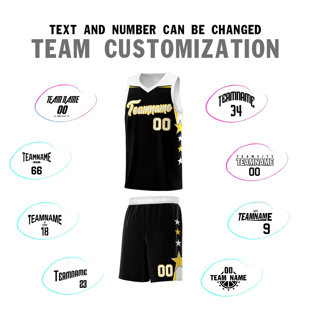 Custom Youth Basketball Uniform Black White Two Tone Side Star Add Name Number & Logo