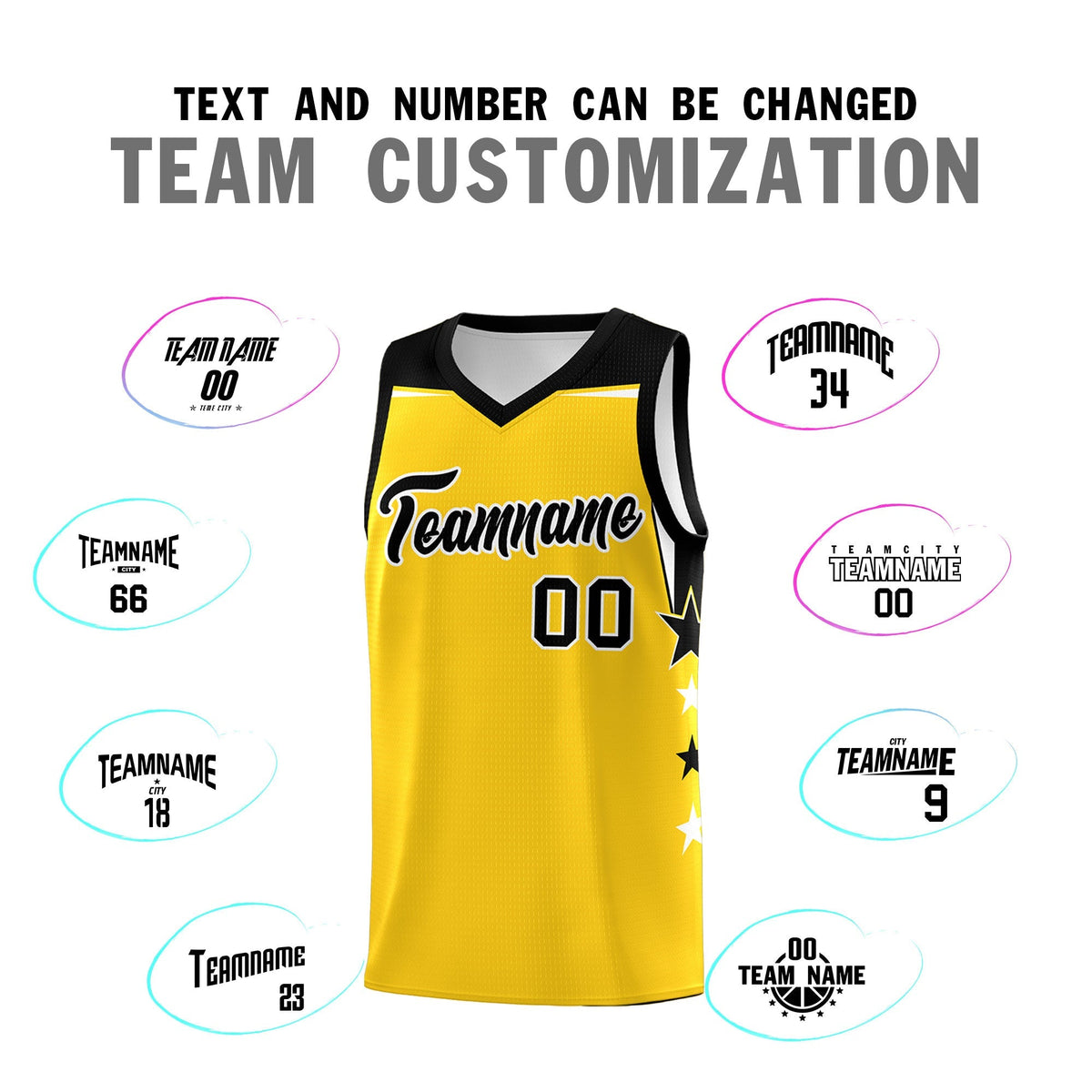 Custom Youth Basketball Uniform Gold Black Two Tone Side Star Personalized Team Jersey