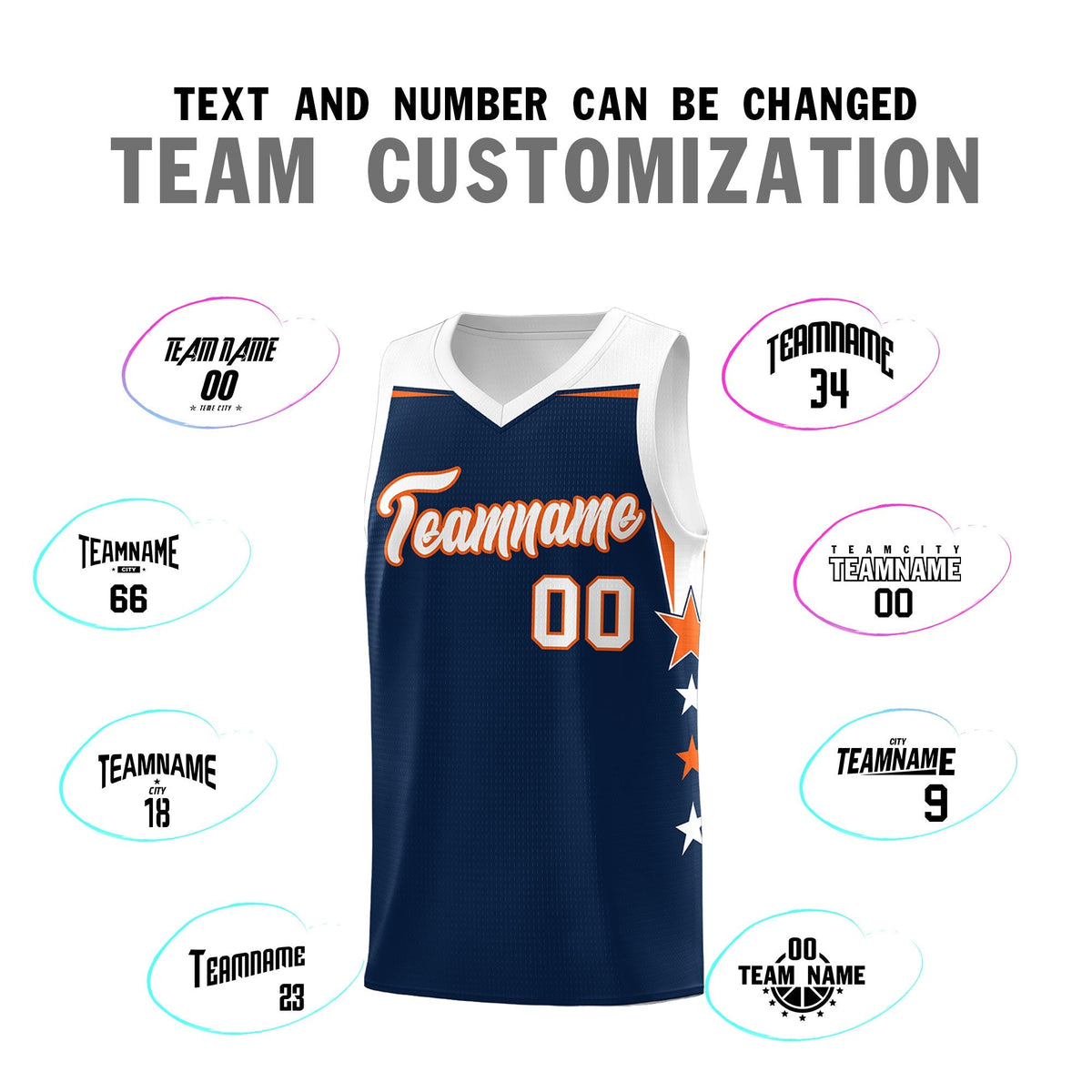 Custom Youth Basketball Uniform Navy White Two Tone Side Star Add Name Number & Logo