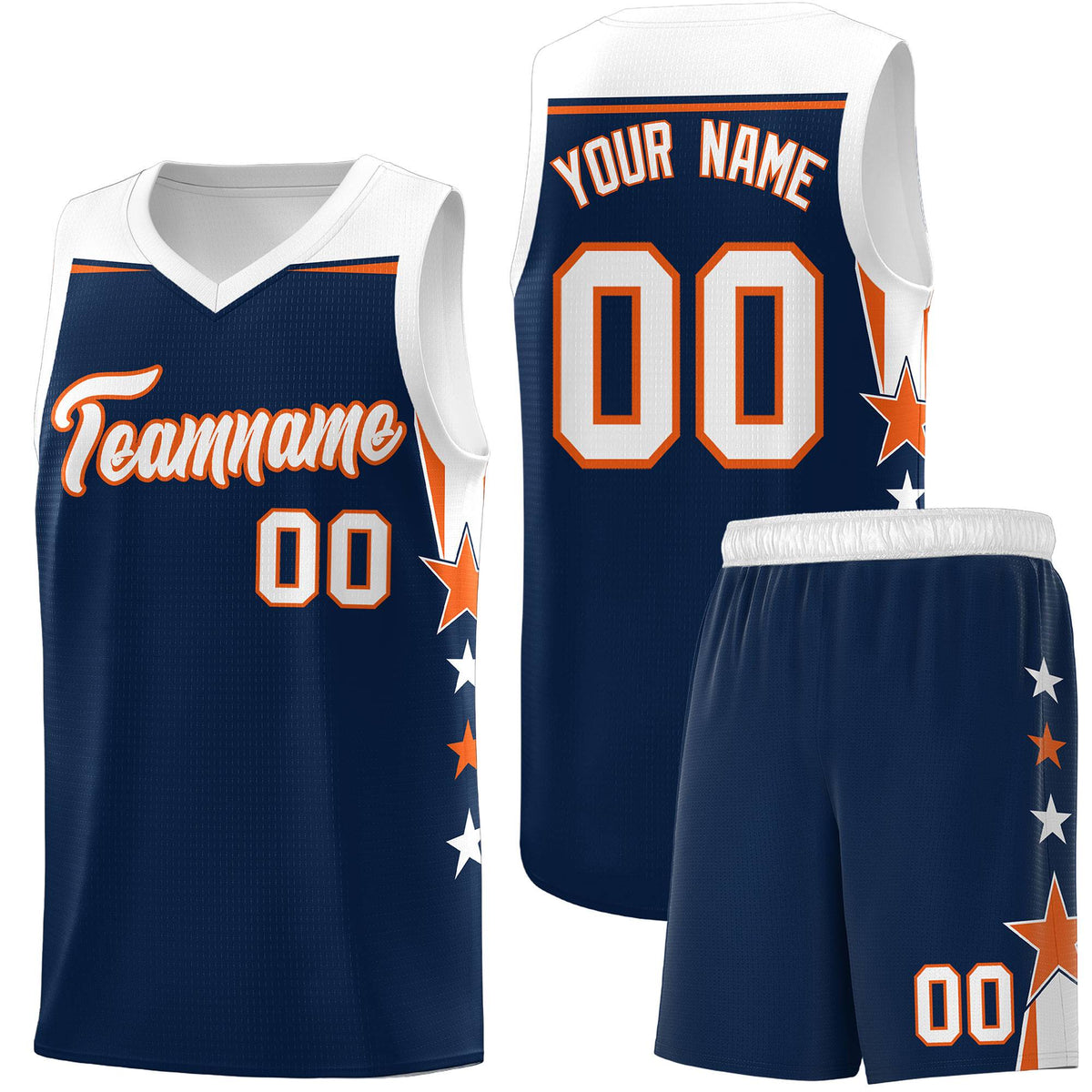 Custom Youth Basketball Uniform Navy White Two Tone Side Star Add Name Number & Logo
