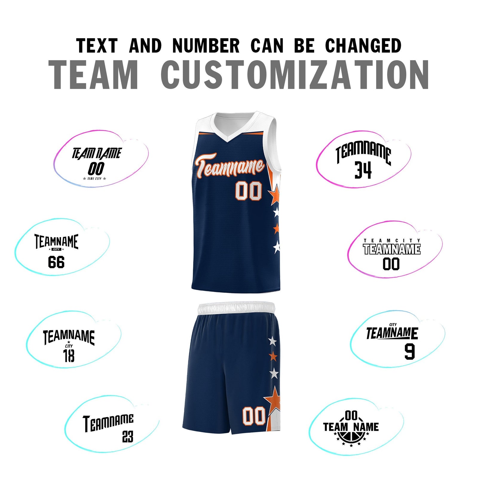 Custom Youth Basketball Uniform Navy White Two Tone Side Star Add Name Number & Logo