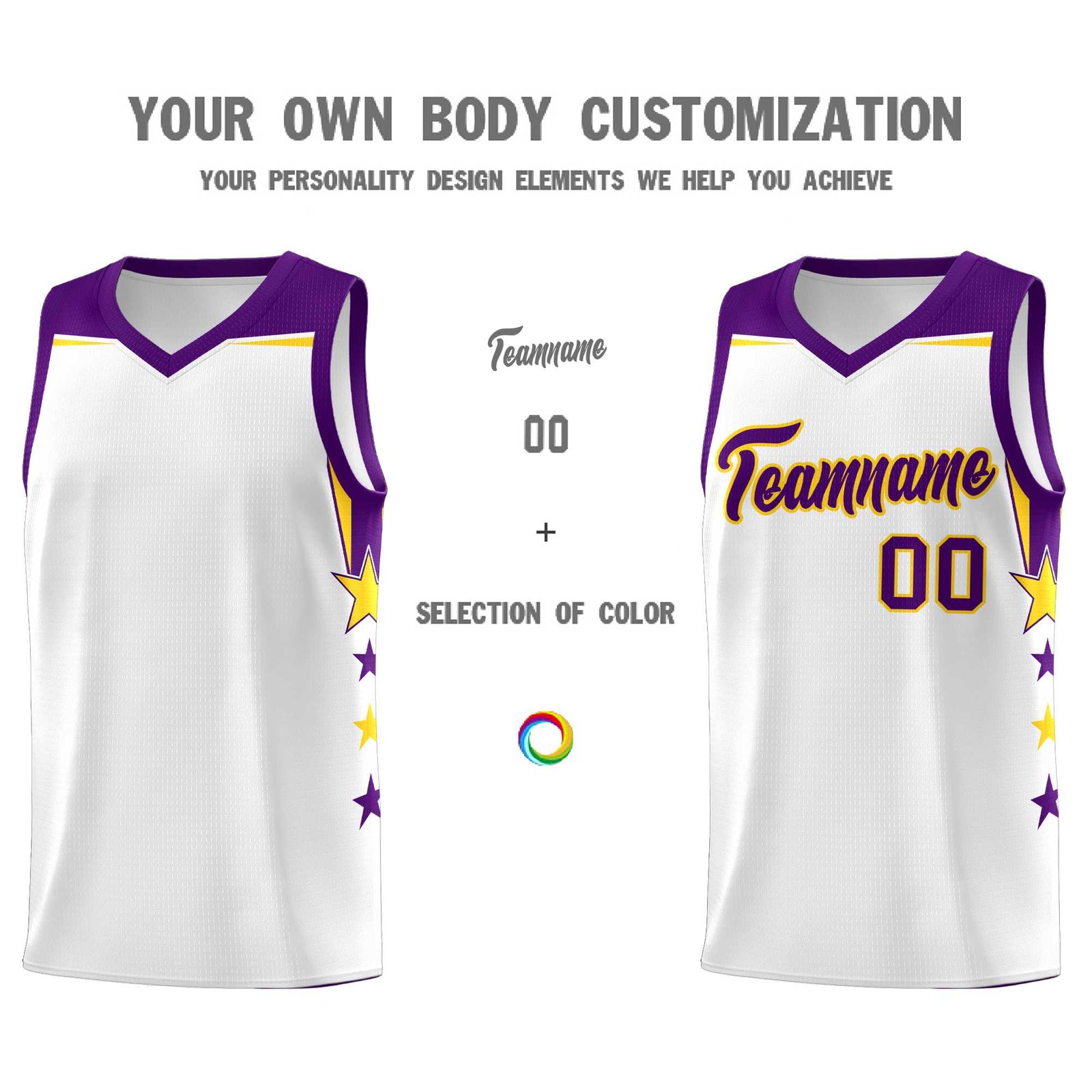 Custom Youth Basketball Uniform White Purple Two Tone Side Star Color Block Team Jersey