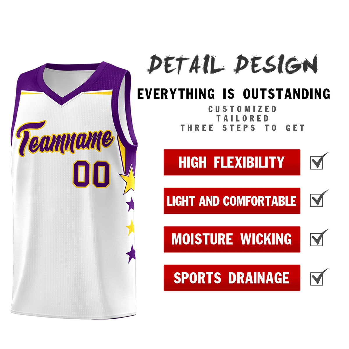 Custom Youth Basketball Uniform White Purple Two Tone Side Star Color Block Team Jersey