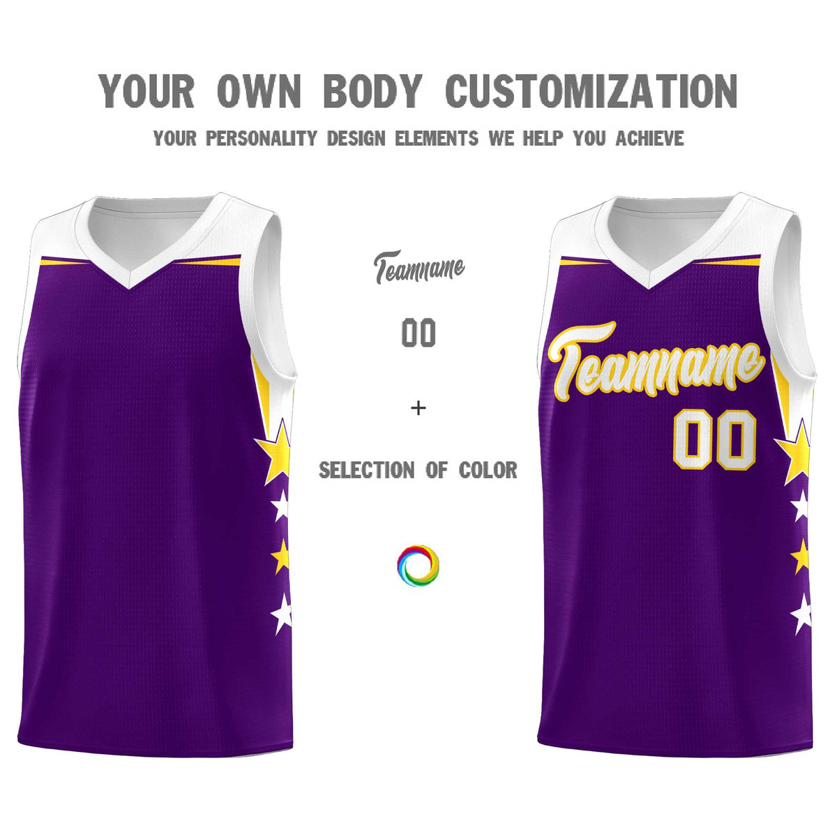 Custom Youth Basketball Uniform Purple White Two Tone Side Star Add Name Number & Logo