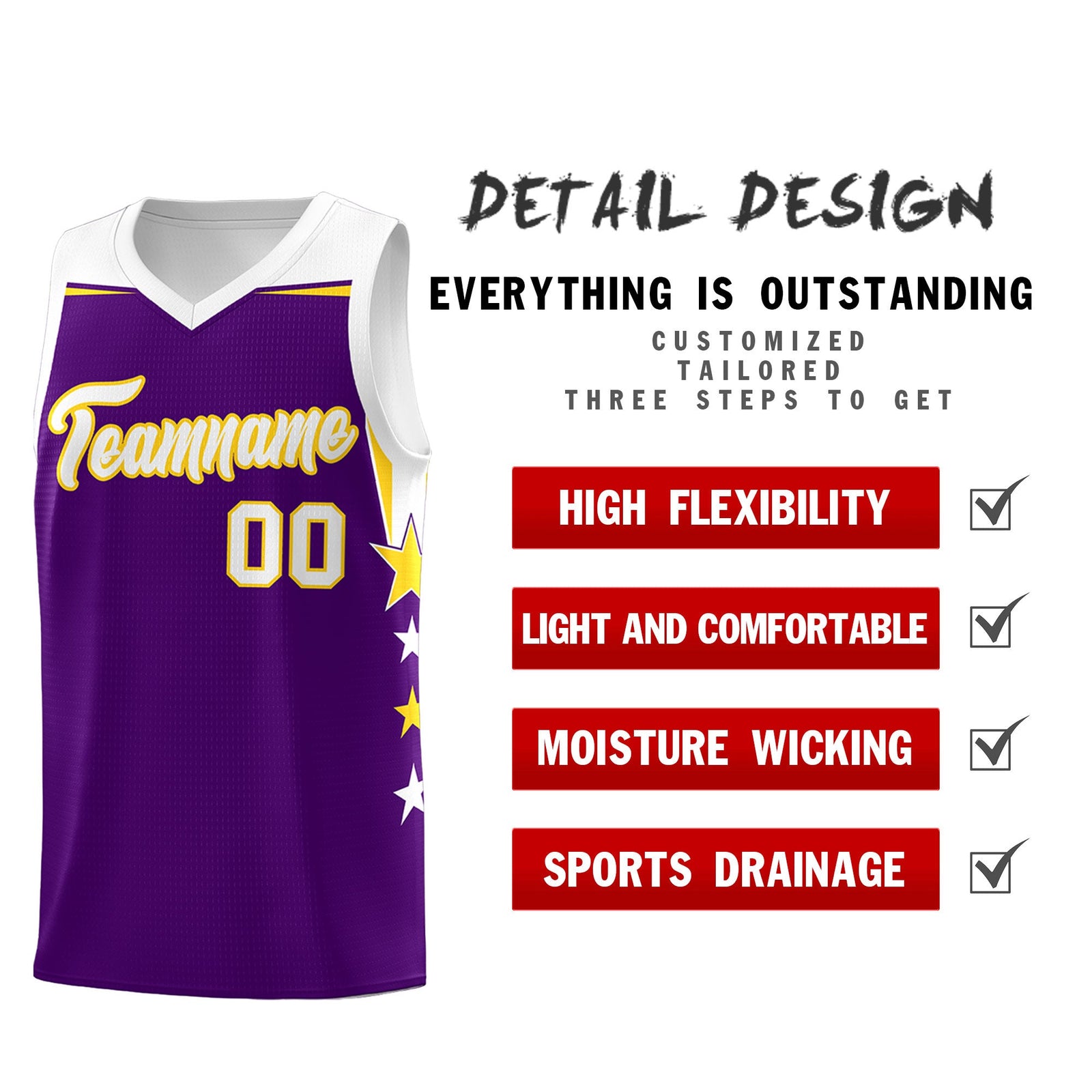 Custom Youth Basketball Uniform Purple White Two Tone Side Star Add Name Number & Logo
