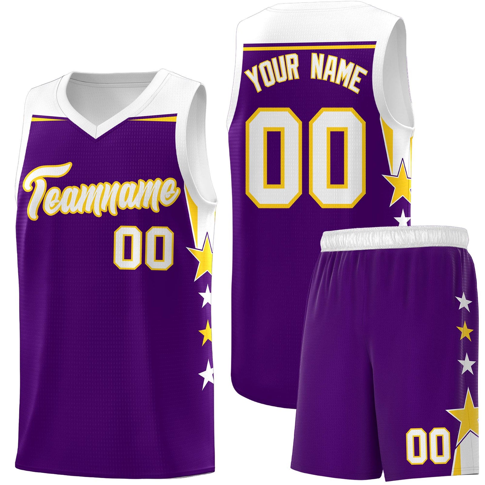 Custom Youth Basketball Uniform Purple White Two Tone Side Star Add Name Number & Logo