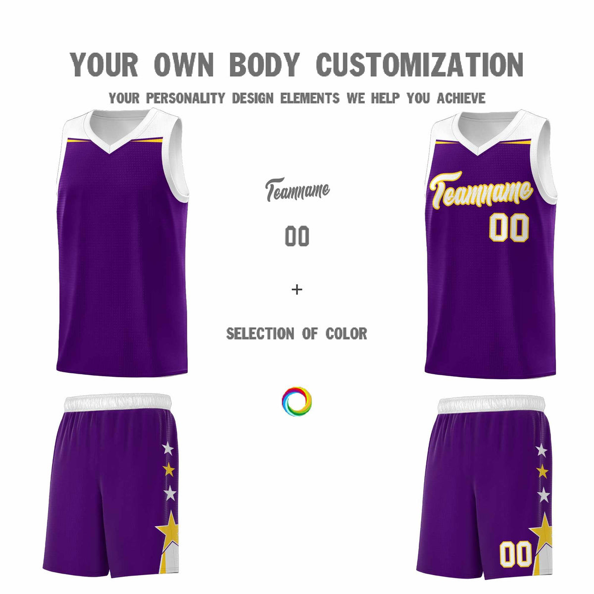 Custom Youth Basketball Uniform Purple White Two Tone Side Star Add Name Number & Logo