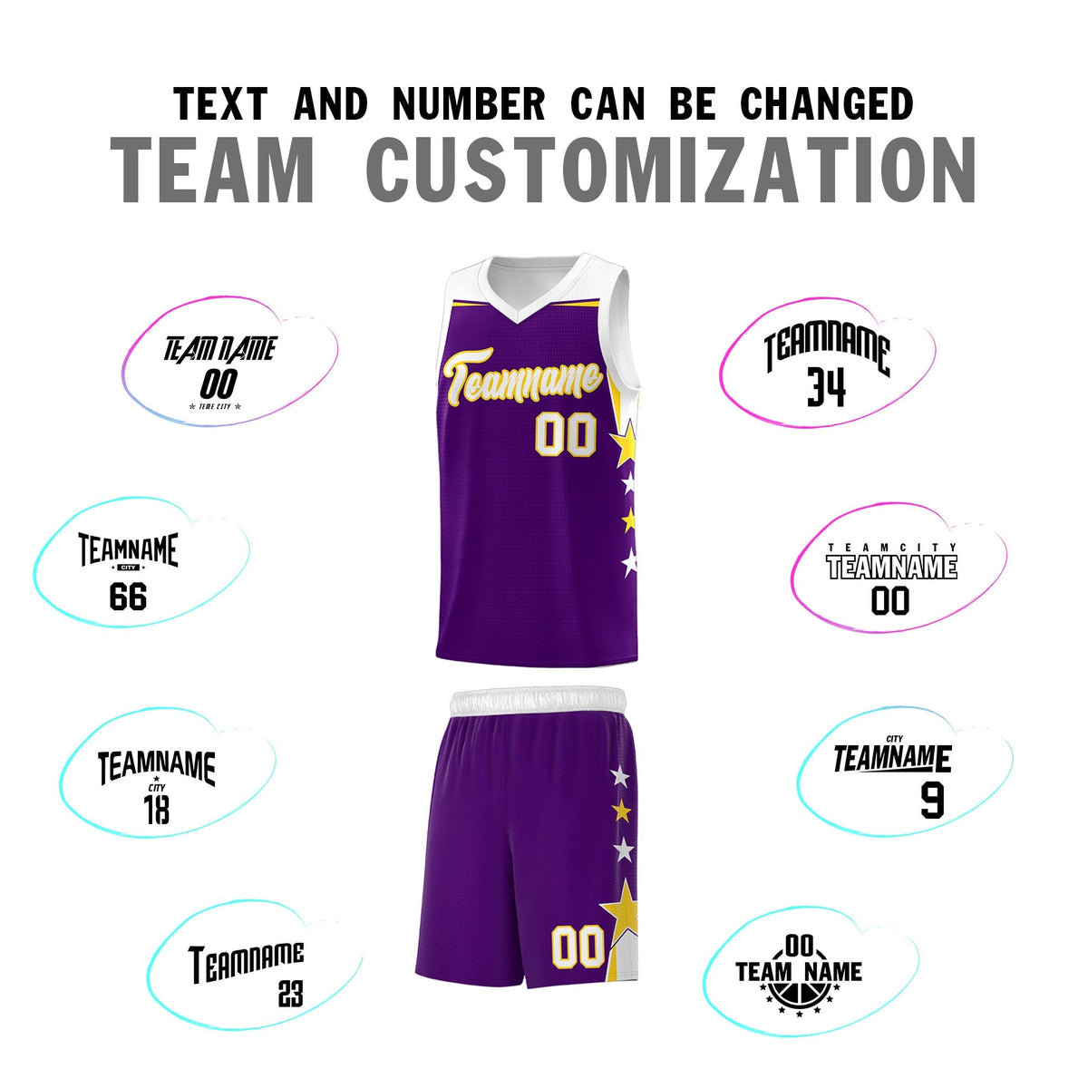Custom Youth Basketball Uniform Purple White Two Tone Side Star Add Name Number & Logo