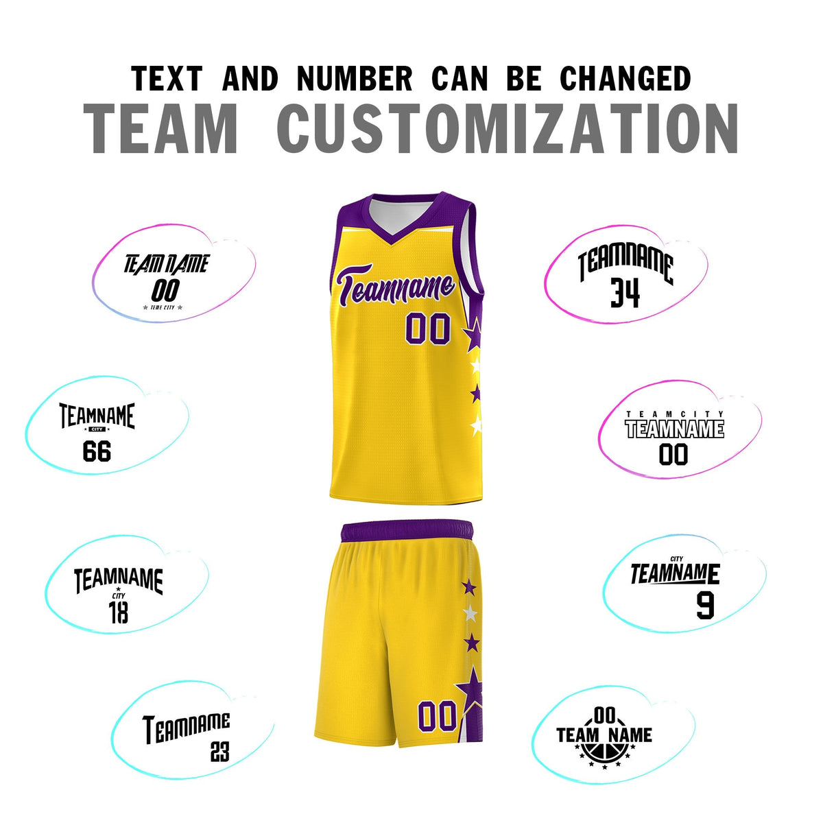 Custom Youth Basketball Uniform Gold Purple Two Tone Side Star Personalized Team Jersey