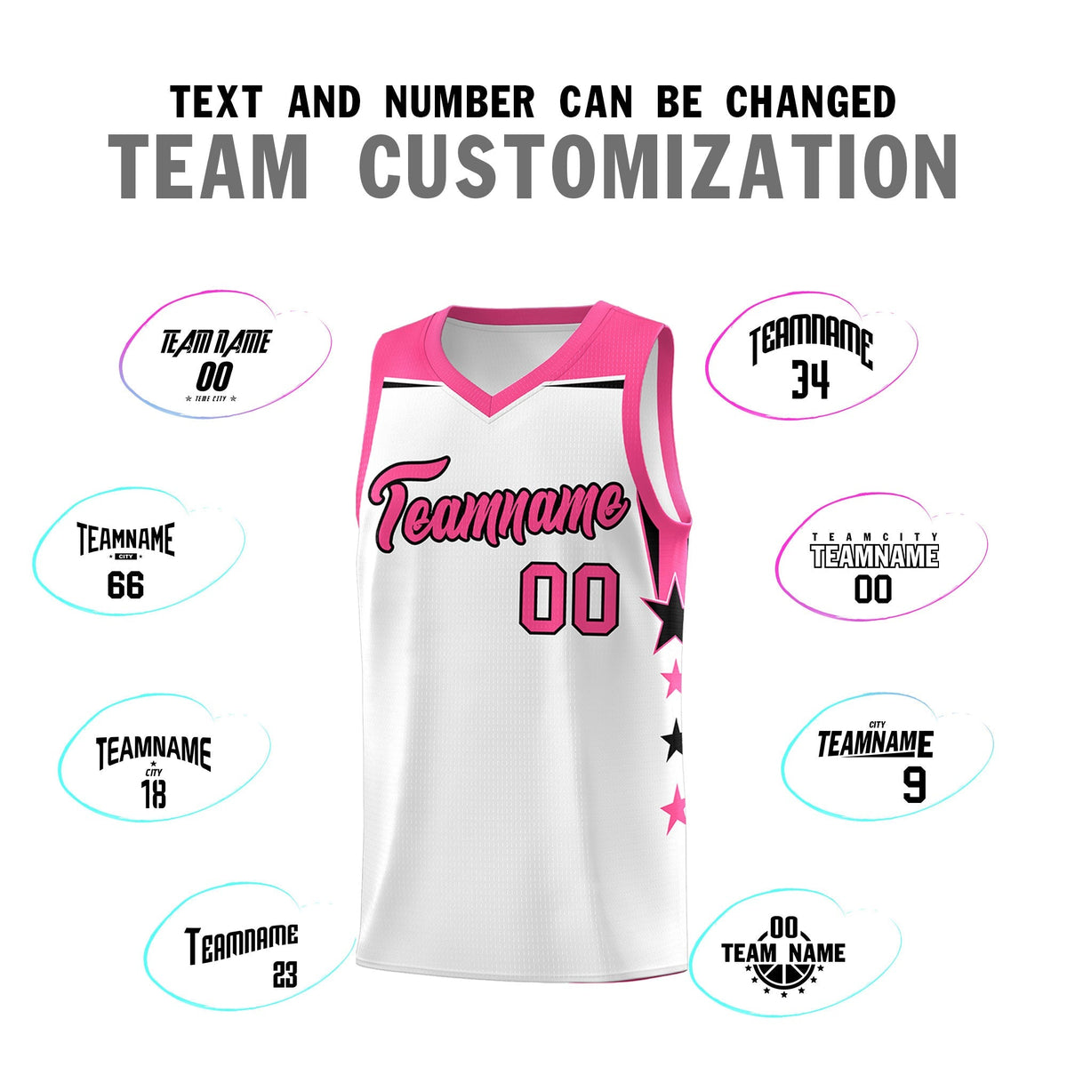 Custom Youth Basketball Uniform White Pink Two Tone Side Star Color Block Team Jersey