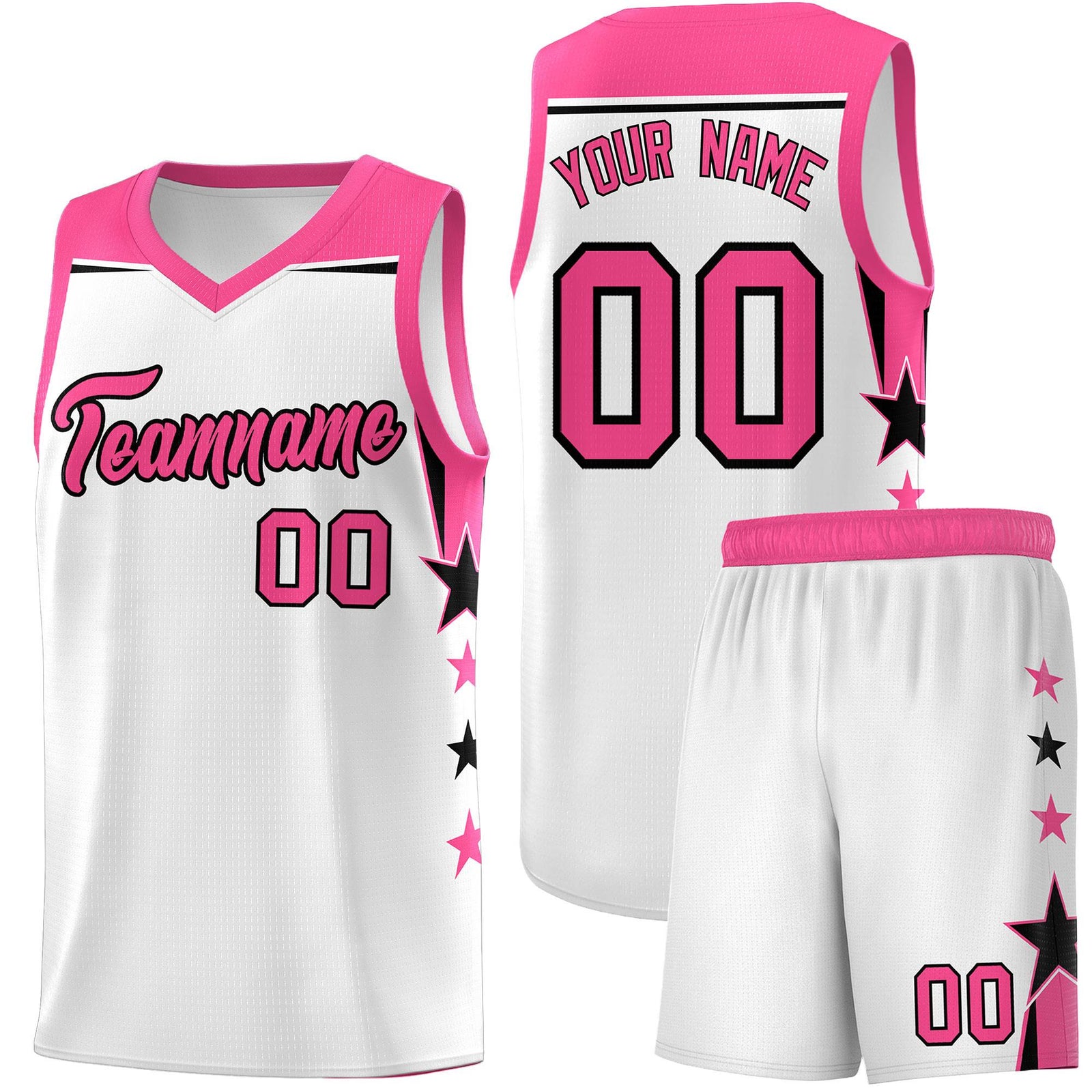 Custom Youth Basketball Uniform White Pink Two Tone Side Star Color Block Team Jersey