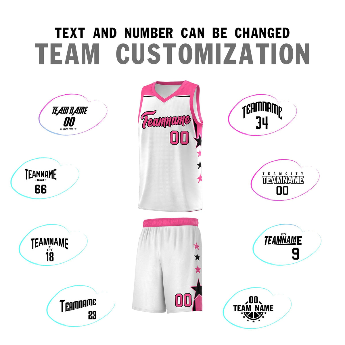 Custom Youth Basketball Uniform White Pink Two Tone Side Star Color Block Team Jersey