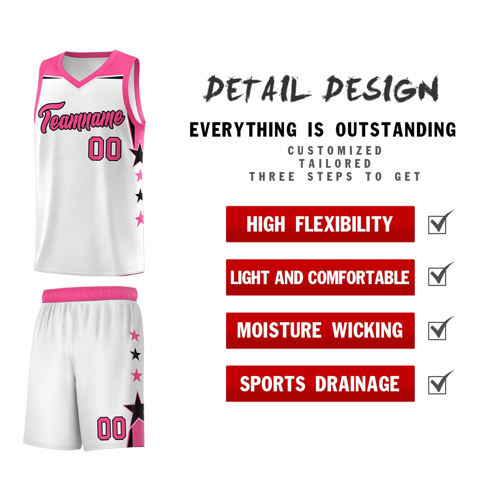 Custom Youth Basketball Uniform White Pink Two Tone Side Star Color Block Team Jersey