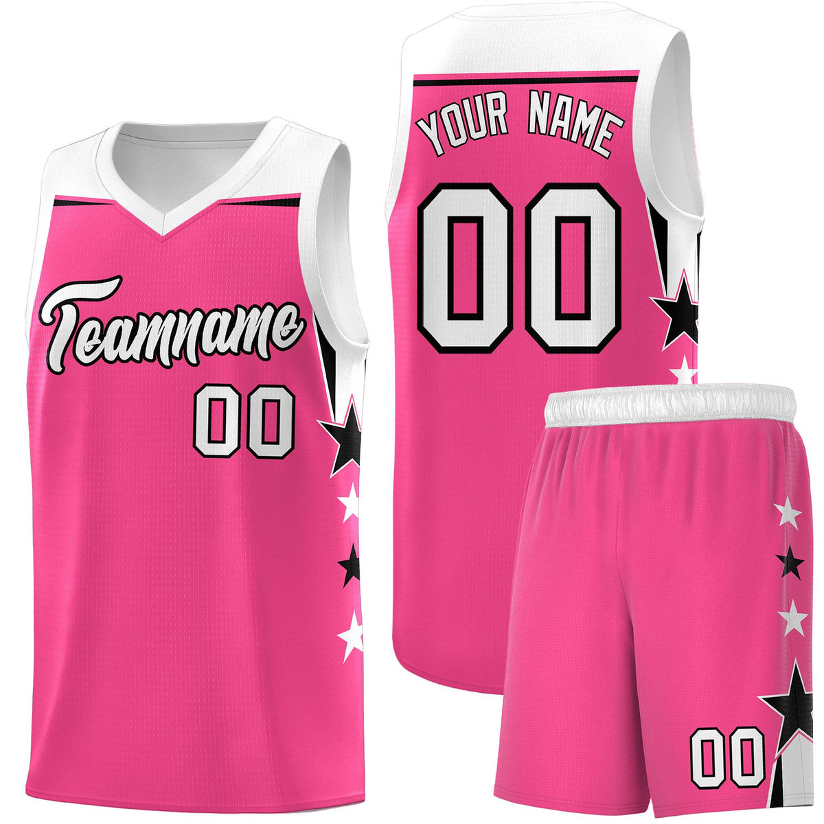 Custom Youth Basketball Uniform Pink White Two Tone Side Star Add Name Number & Logo