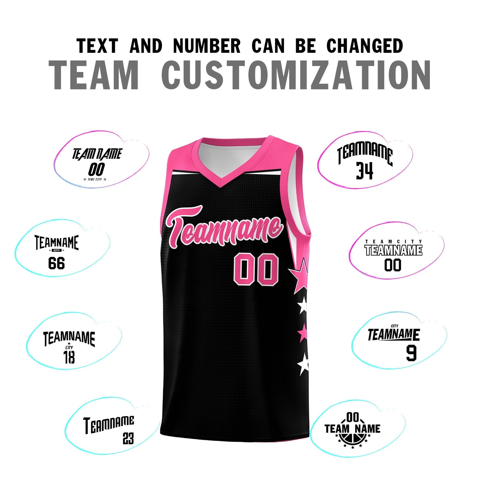 Custom Youth Basketball Uniform Black Pink Two Tone Side Star Personalized Team Jersey