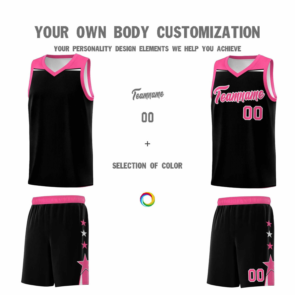 Custom Youth Basketball Uniform Black Pink Two Tone Side Star Personalized Team Jersey