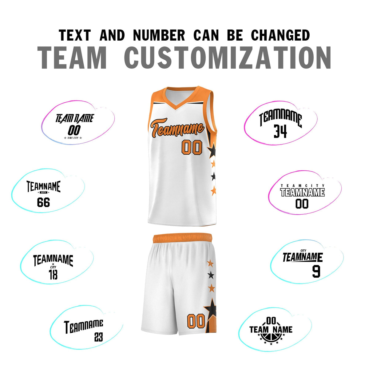 Custom Youth Basketball Uniform White Gold Orange Two Tone Side Star Color Block Team Jersey