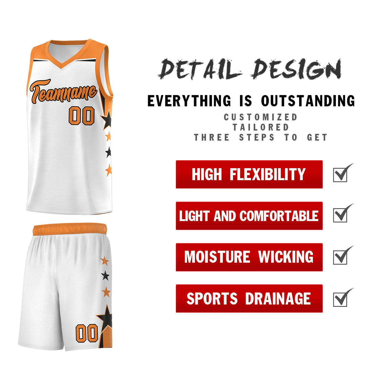 Custom Youth Basketball Uniform White Gold Orange Two Tone Side Star Color Block Team Jersey