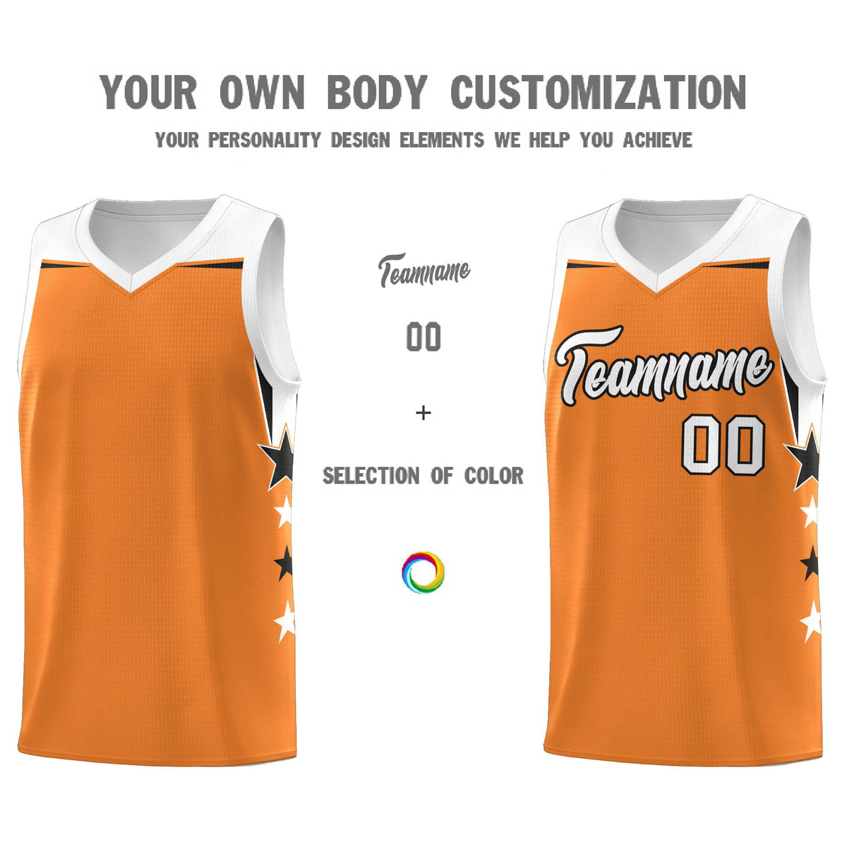 Custom Youth Basketball Uniform Gold Orange White Two Tone Side Star Add Name Number & Logo