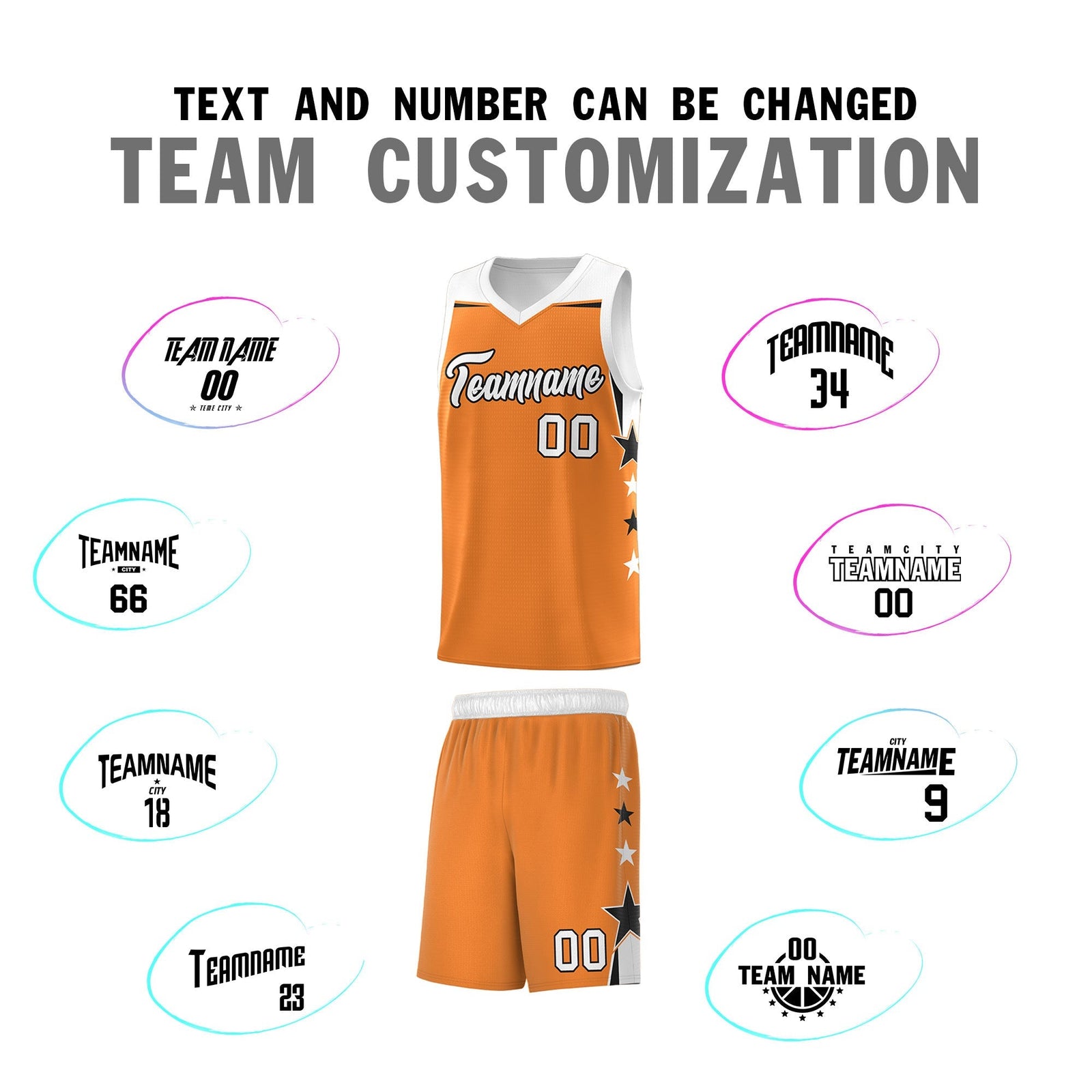 Custom Youth Basketball Uniform Gold Orange White Two Tone Side Star Add Name Number & Logo