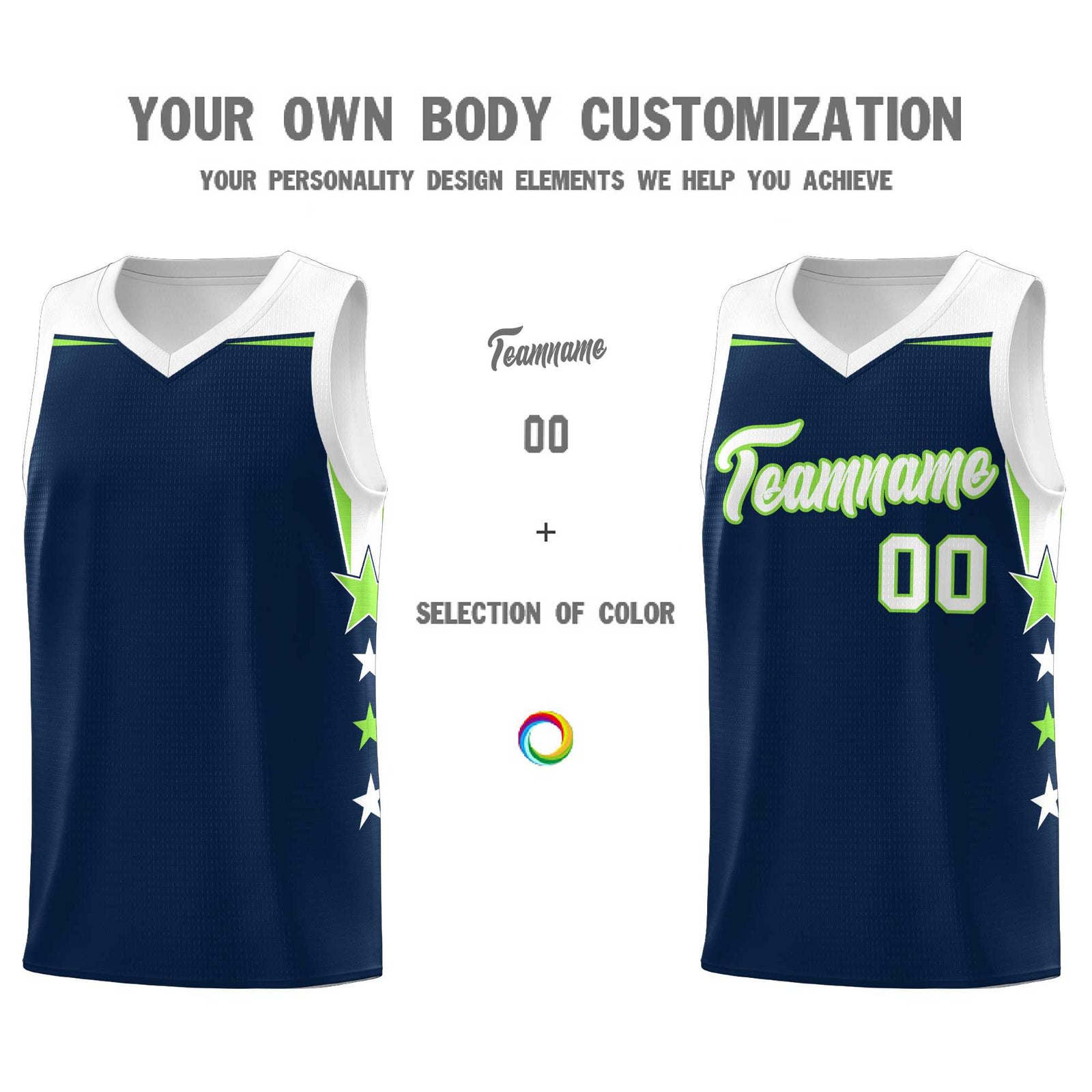 Custom Youth Basketball Uniform Navy White Two Tone Side Star Add Name Number & Logo