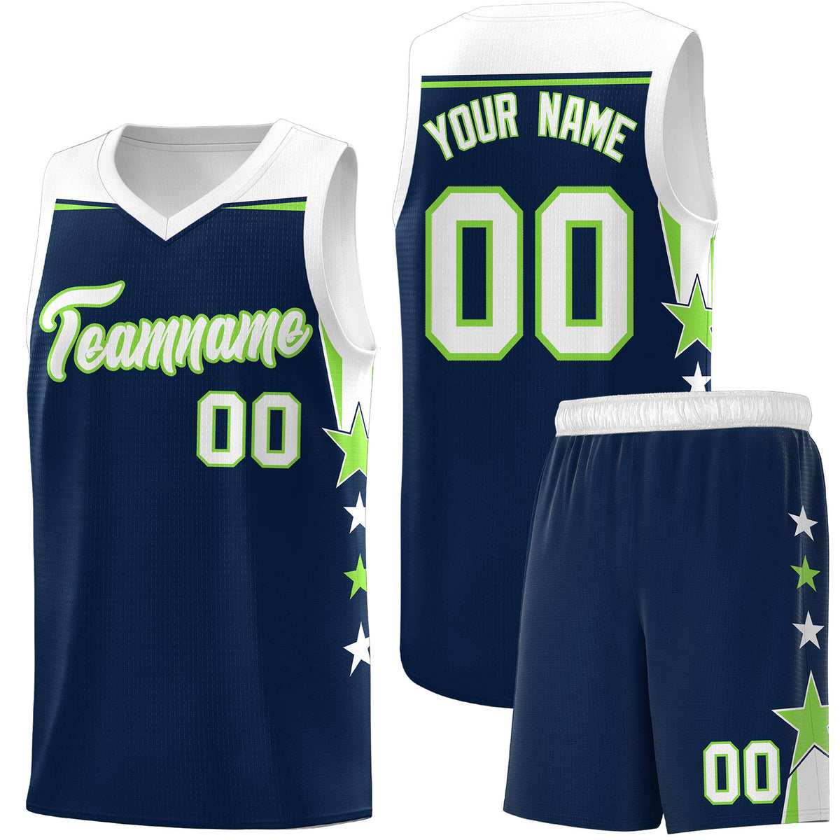 Custom Youth Basketball Uniform Navy White Two Tone Side Star Add Name Number & Logo