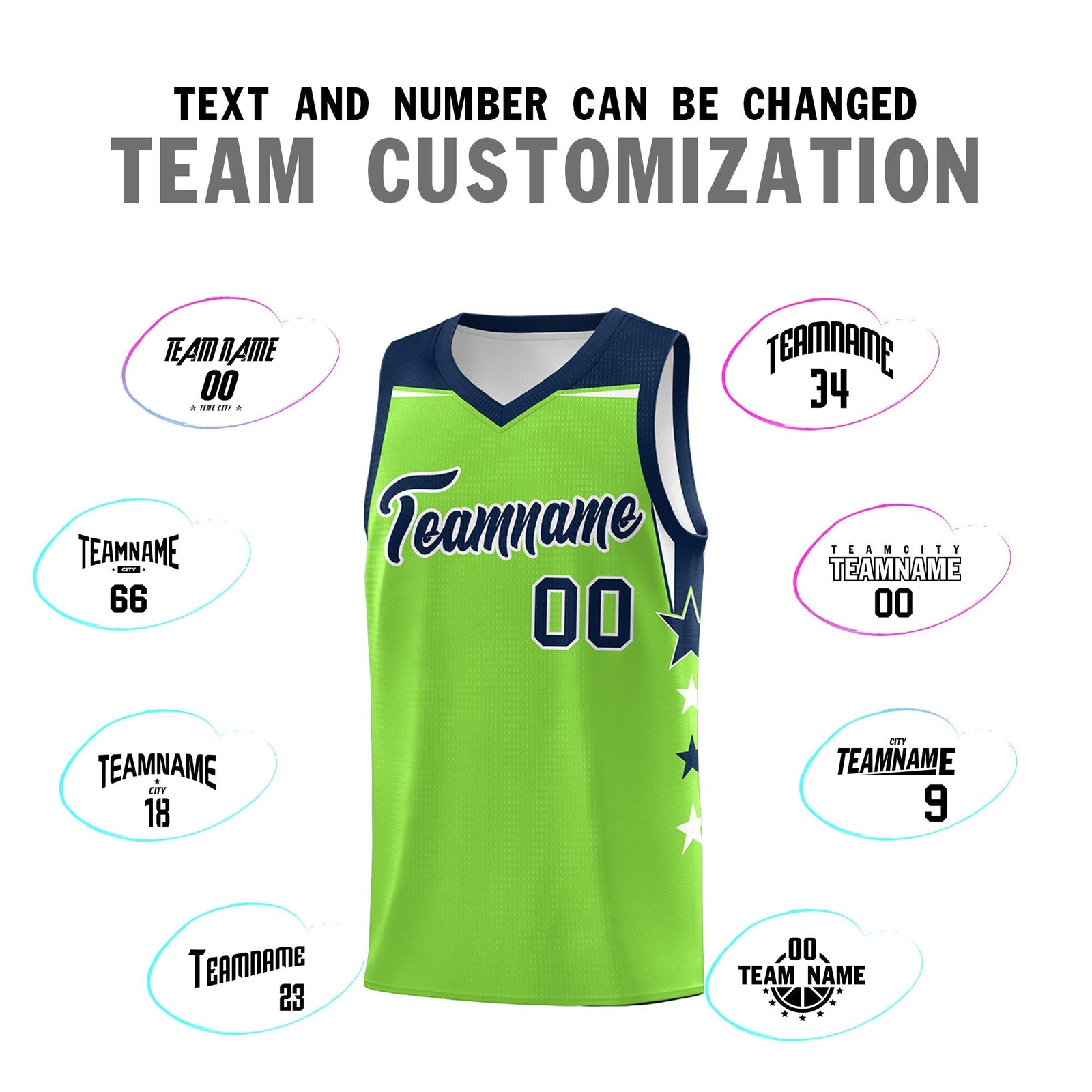 Custom Youth Basketball Uniform Fluorescent Green Navy Two Tone Side Star Personalized Team Jersey