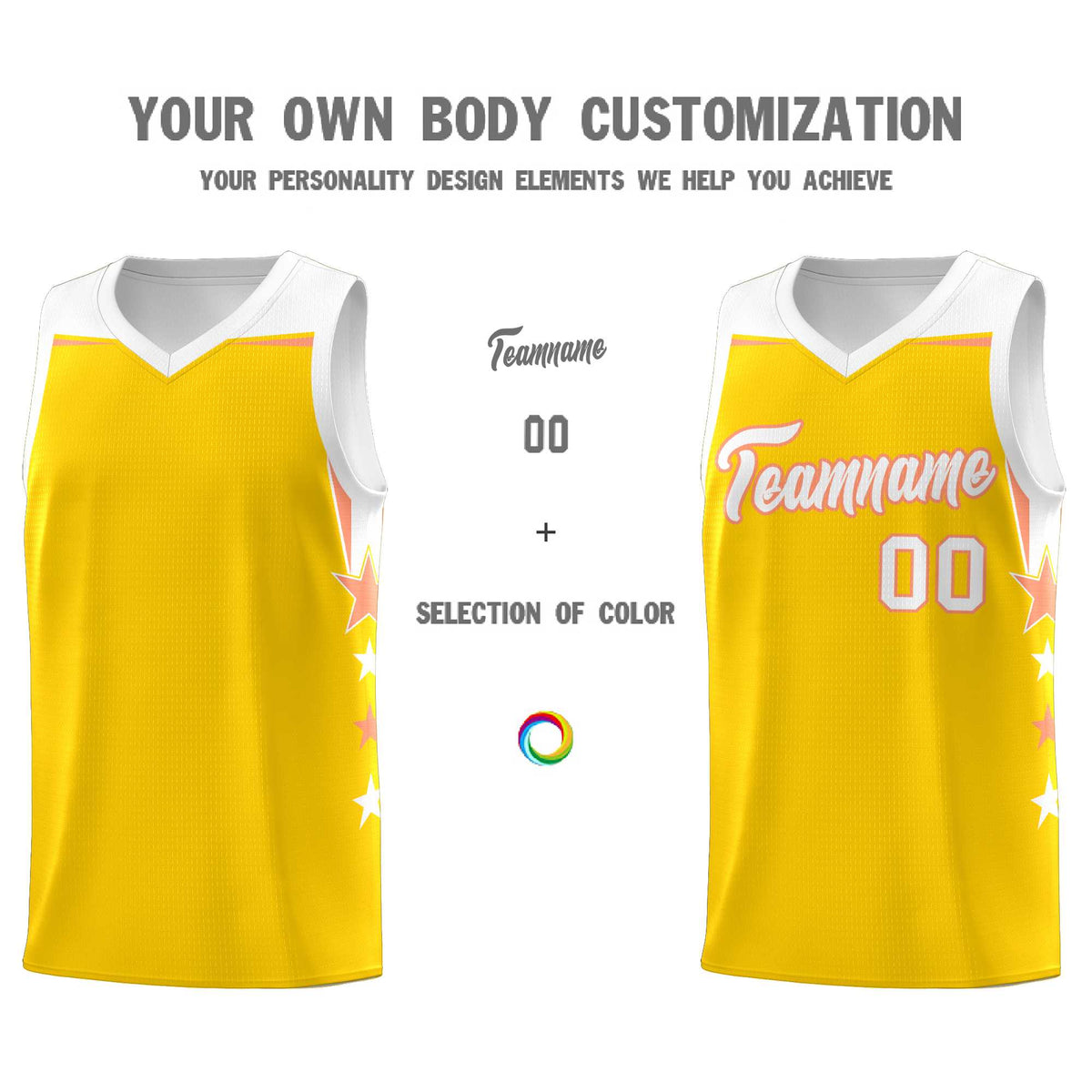 Custom Youth Basketball Uniform Gold White Two Tone Side Star Color Block Team Jersey