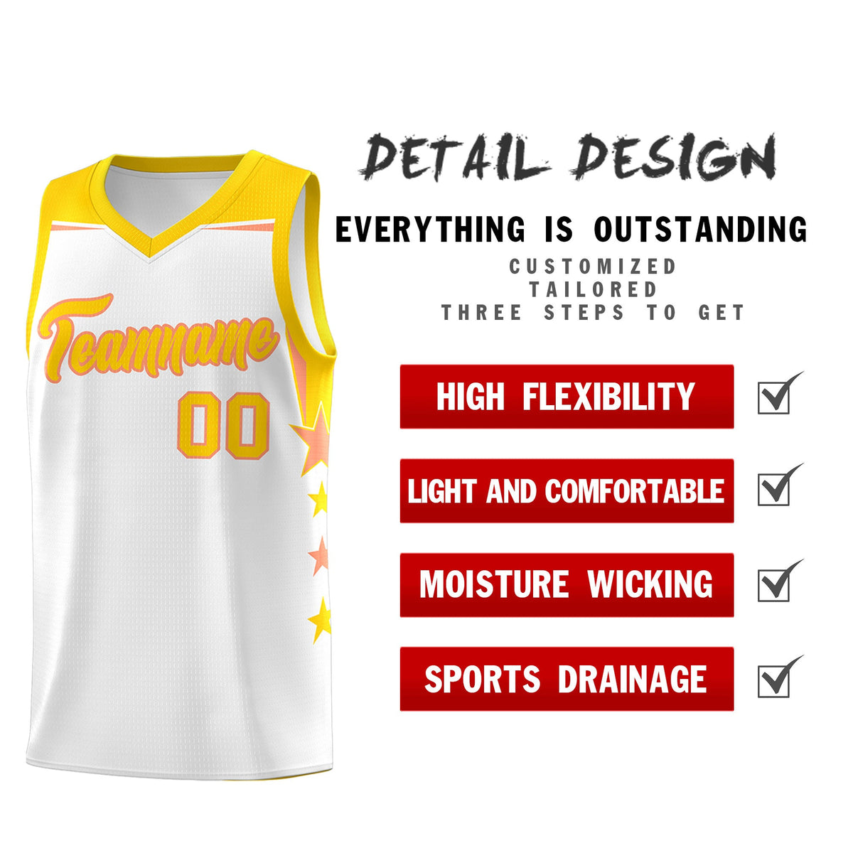 Custom Youth Basketball Uniform White Gold Two Tone Side Star Add Name Number & Logo