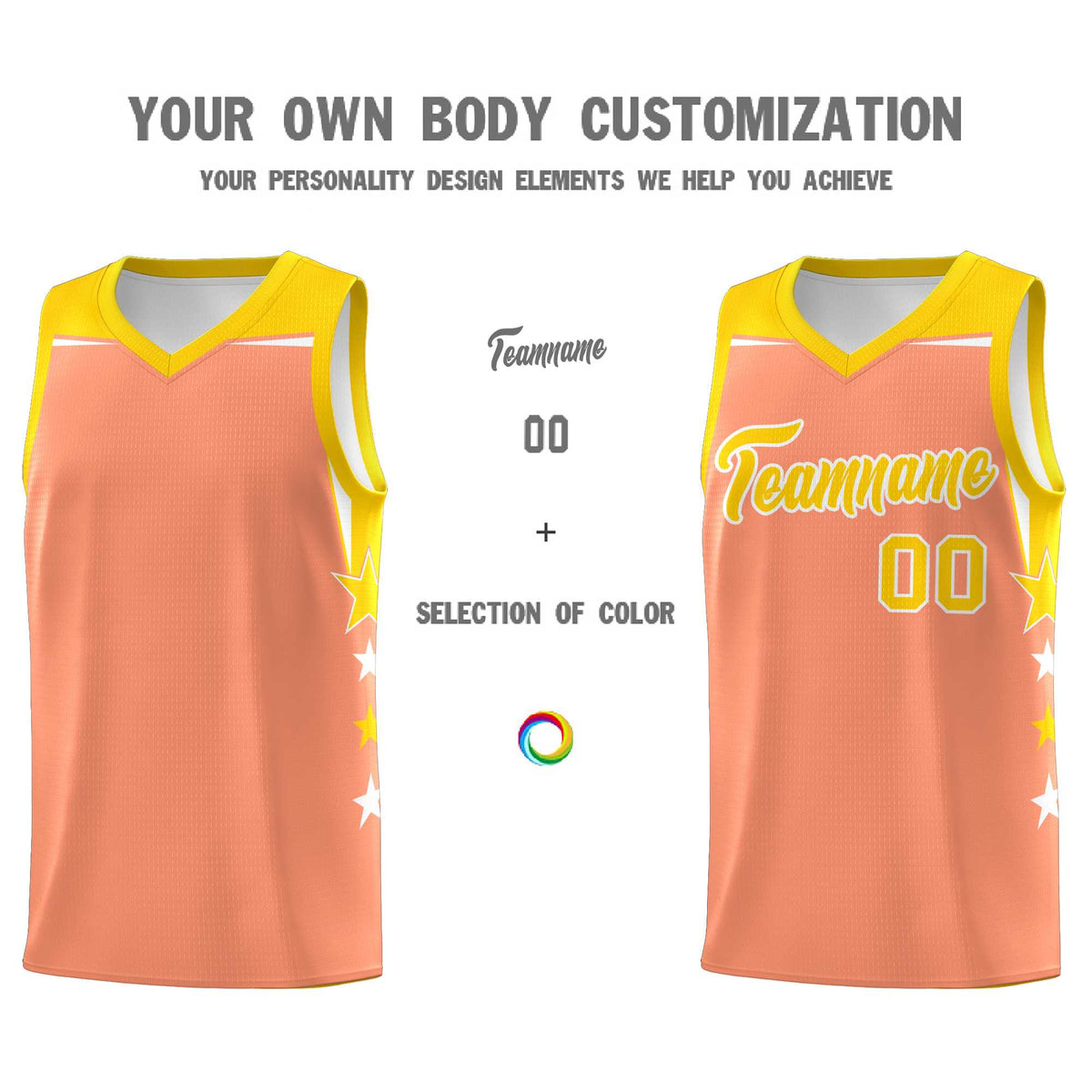 Custom Youth Basketball Uniform Light Orange Gold Two Tone Side Star Personalized Team Jersey