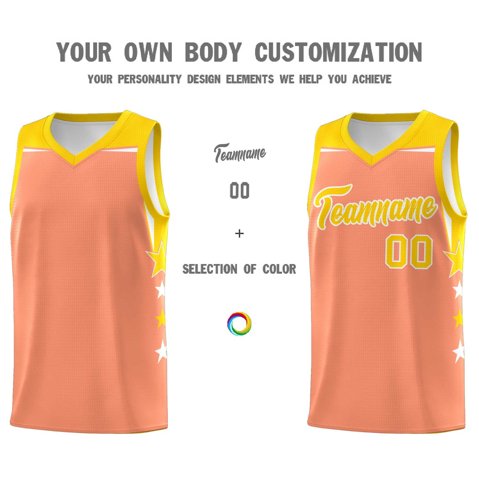 Custom Youth Basketball Uniform Light Orange Gold Two Tone Side Star Personalized Team Jersey