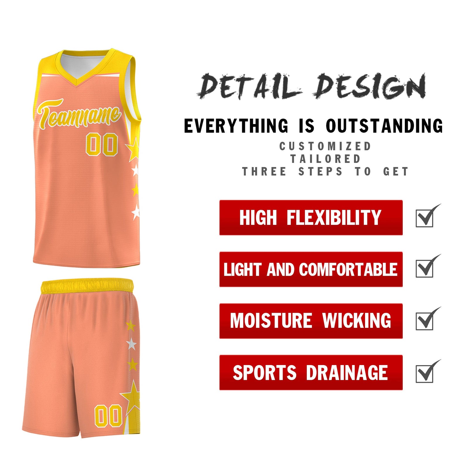 Custom Youth Basketball Uniform Light Orange Gold Two Tone Side Star Personalized Team Jersey