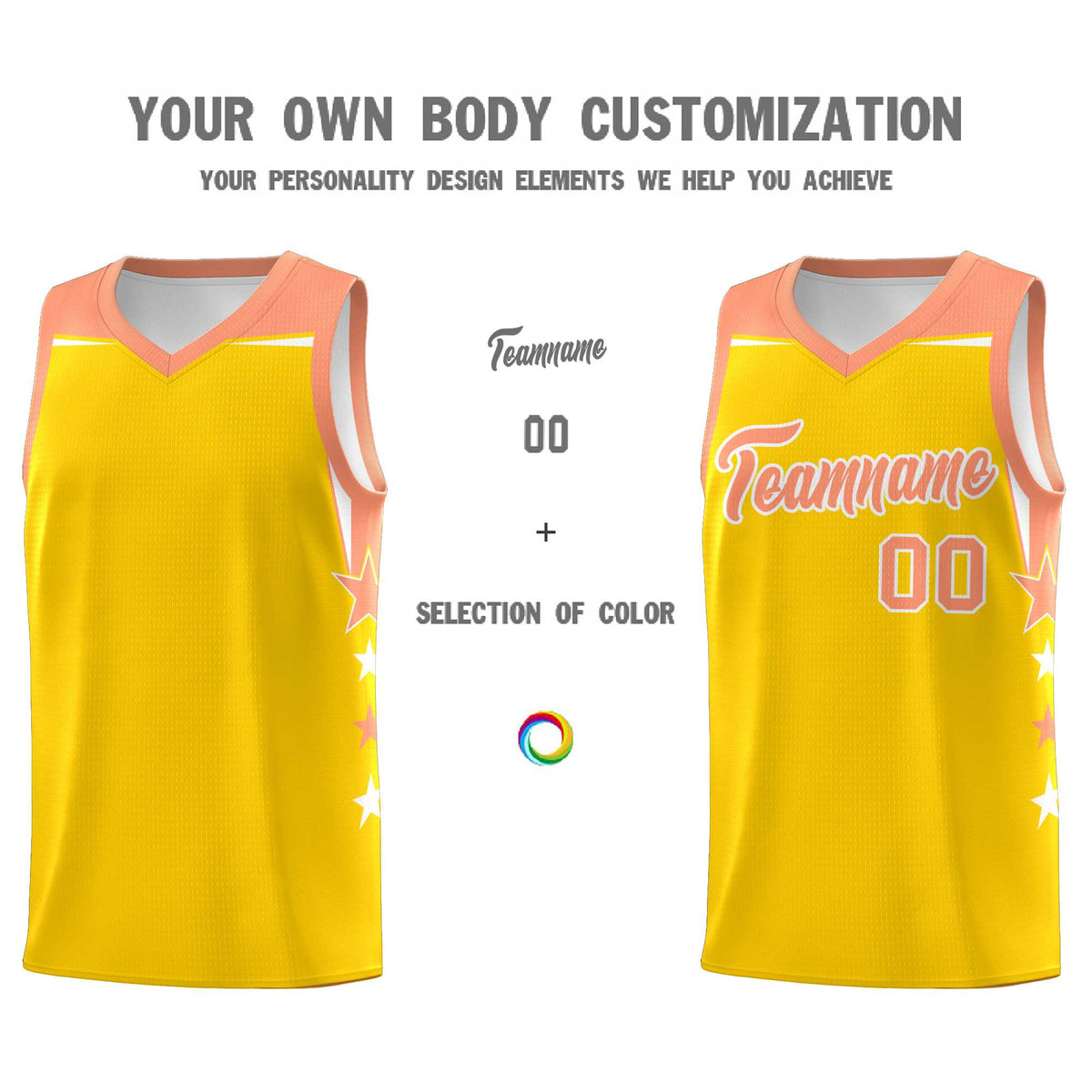 Custom Youth Basketball Uniform Gold Light Orange Two Tone Side Star Color Block Team Jersey