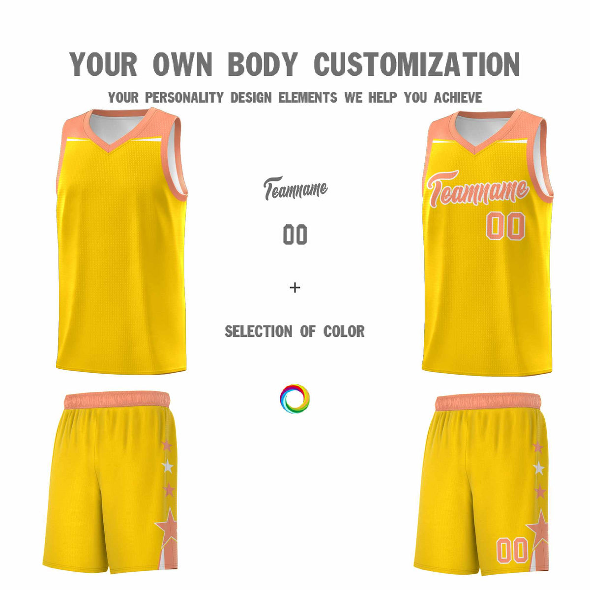 Custom Youth Basketball Uniform Gold Light Orange Two Tone Side Star Color Block Team Jersey