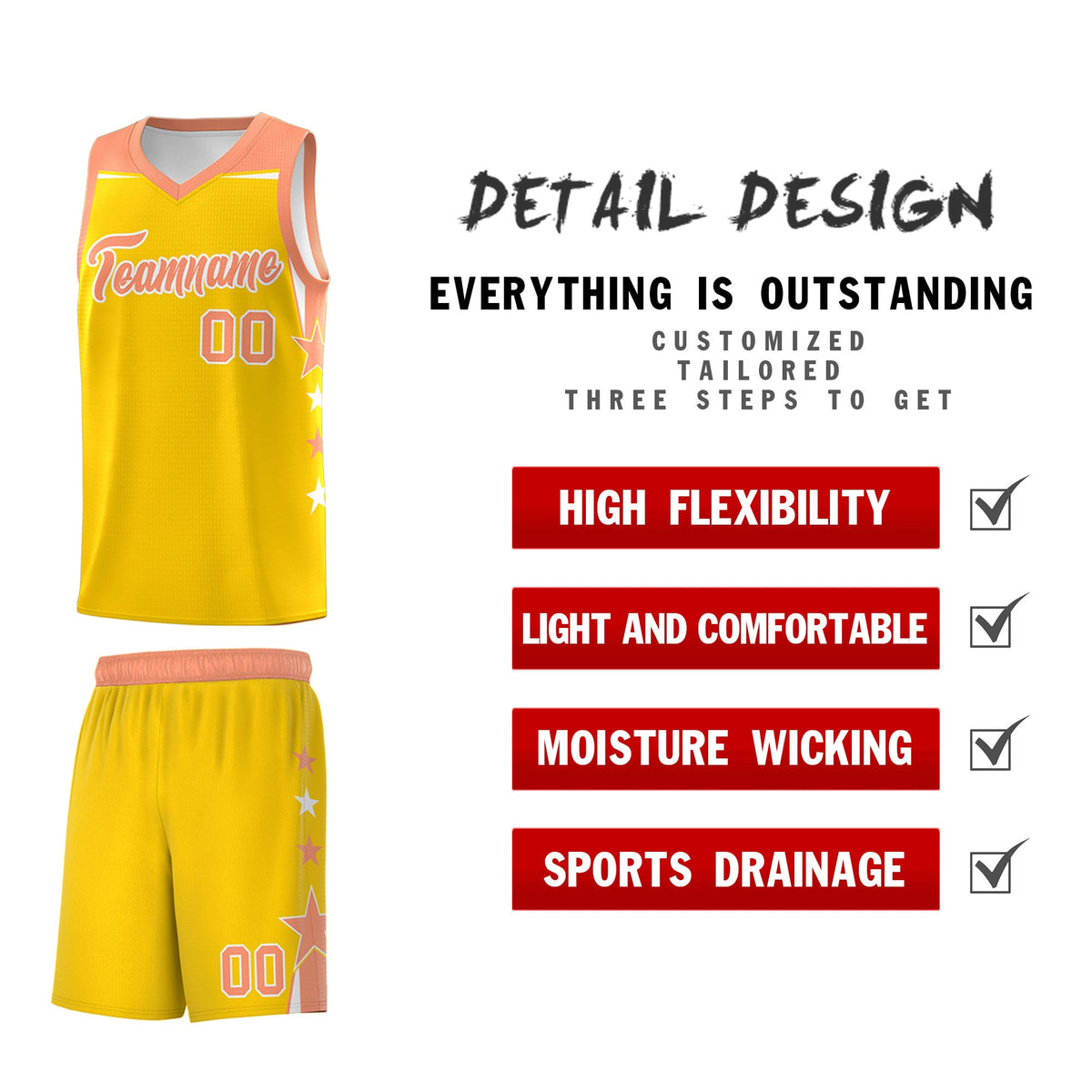 Custom Youth Basketball Uniform Gold Light Orange Two Tone Side Star Color Block Team Jersey