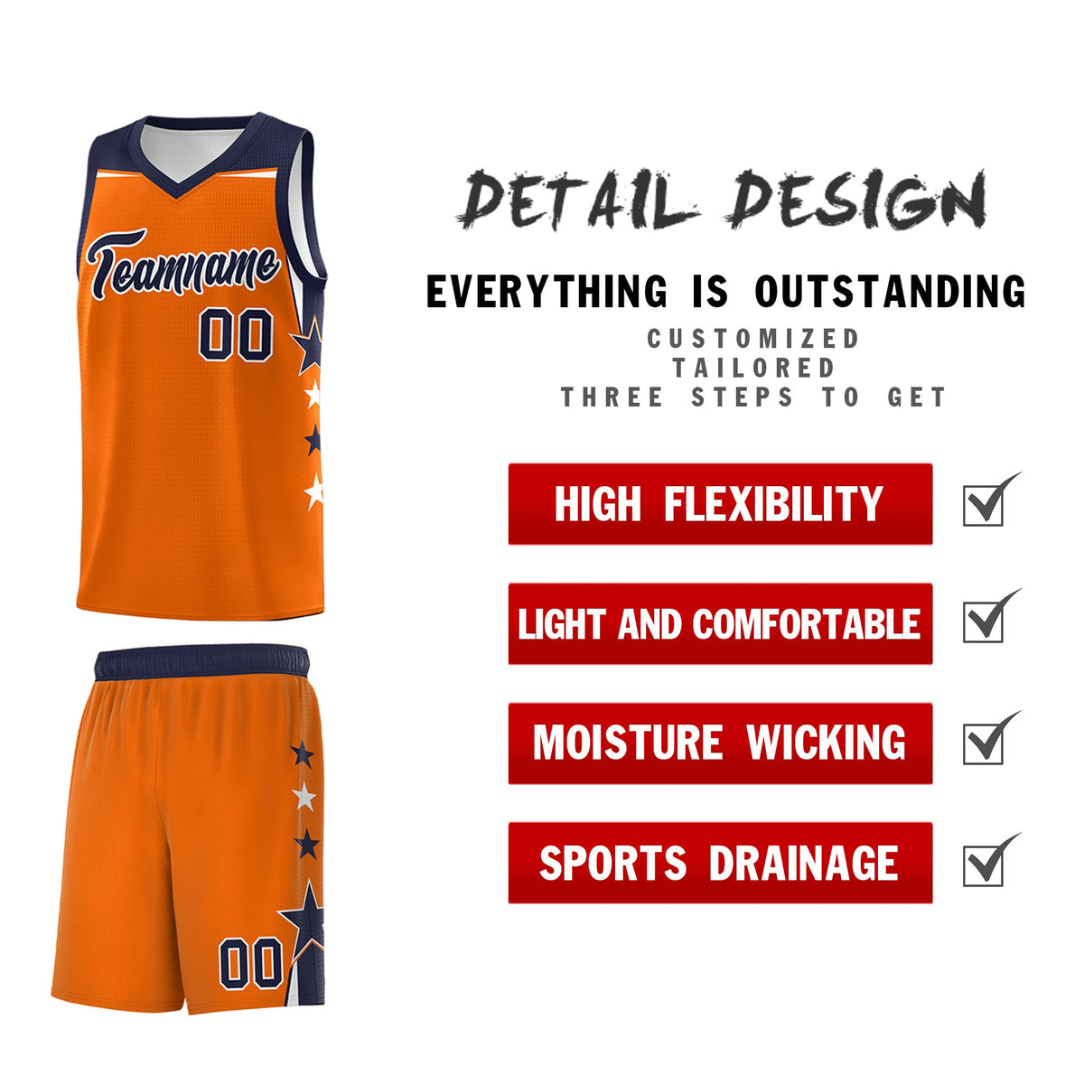 Custom Youth Basketball Uniform Orange Navy Two Tone Side Star Color Block Team Jersey