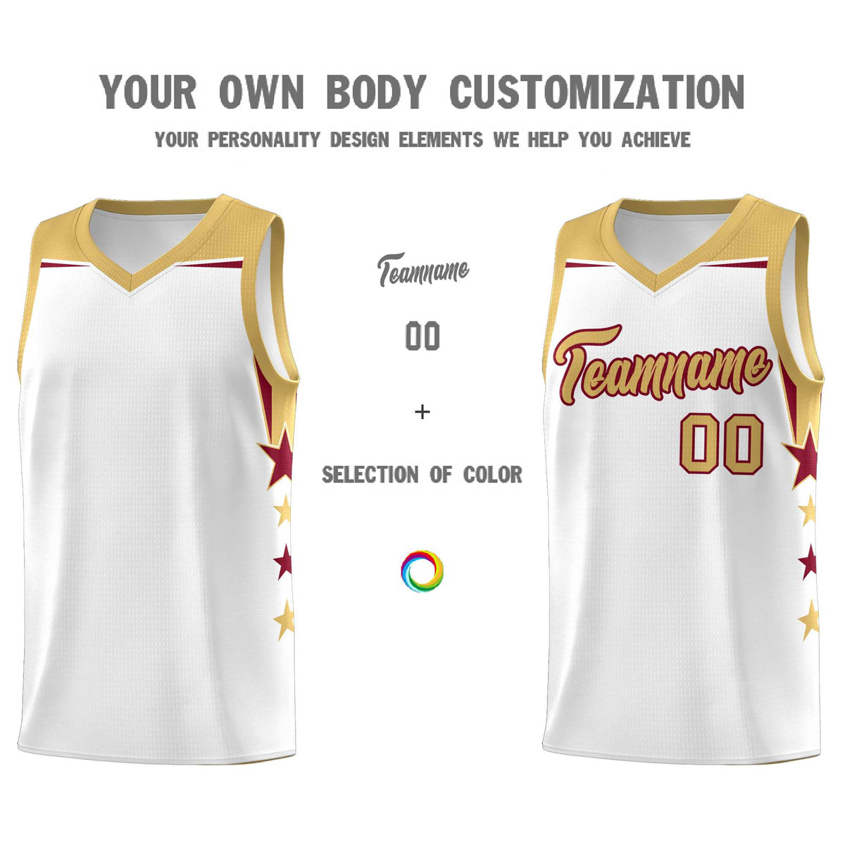 Custom Youth Basketball Uniform White Old Gold Two Tone Side Star Add Name Number & Logo