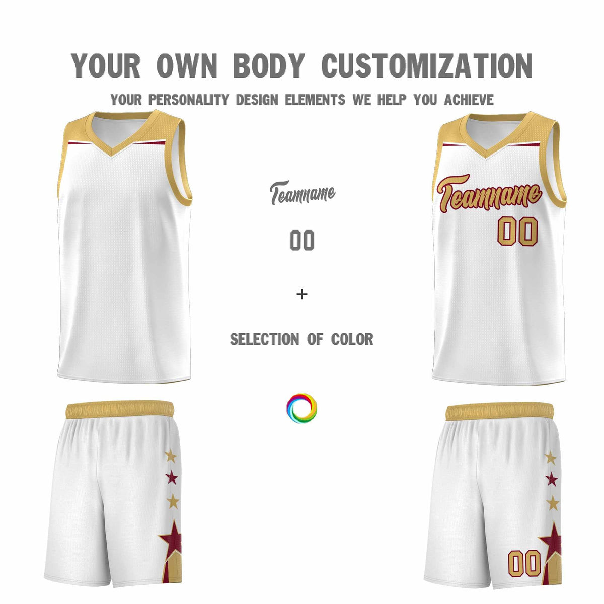 Custom Youth Basketball Uniform White Old Gold Two Tone Side Star Add Name Number & Logo