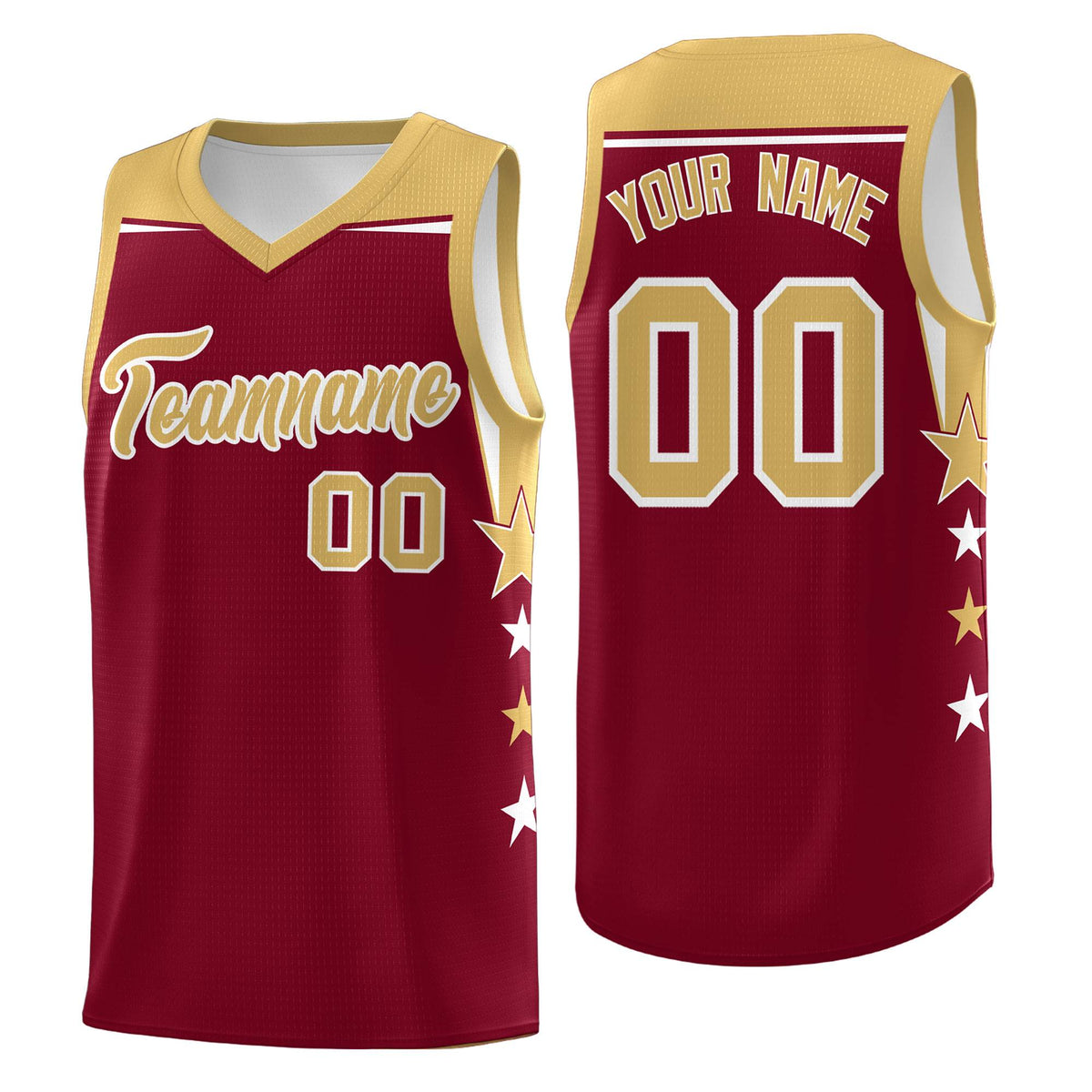Custom Youth Basketball Uniform Crimson Old Gold Two Tone Side Star Color Block Team Jersey
