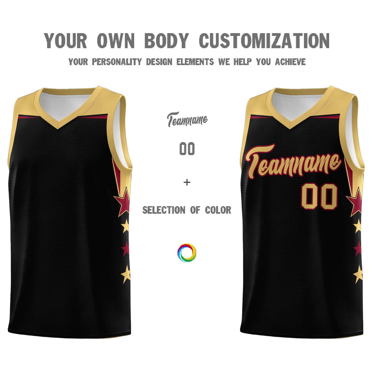 Custom Youth Basketball Uniform Black Old Gold Two Tone Side Star Add Name Number & Logo