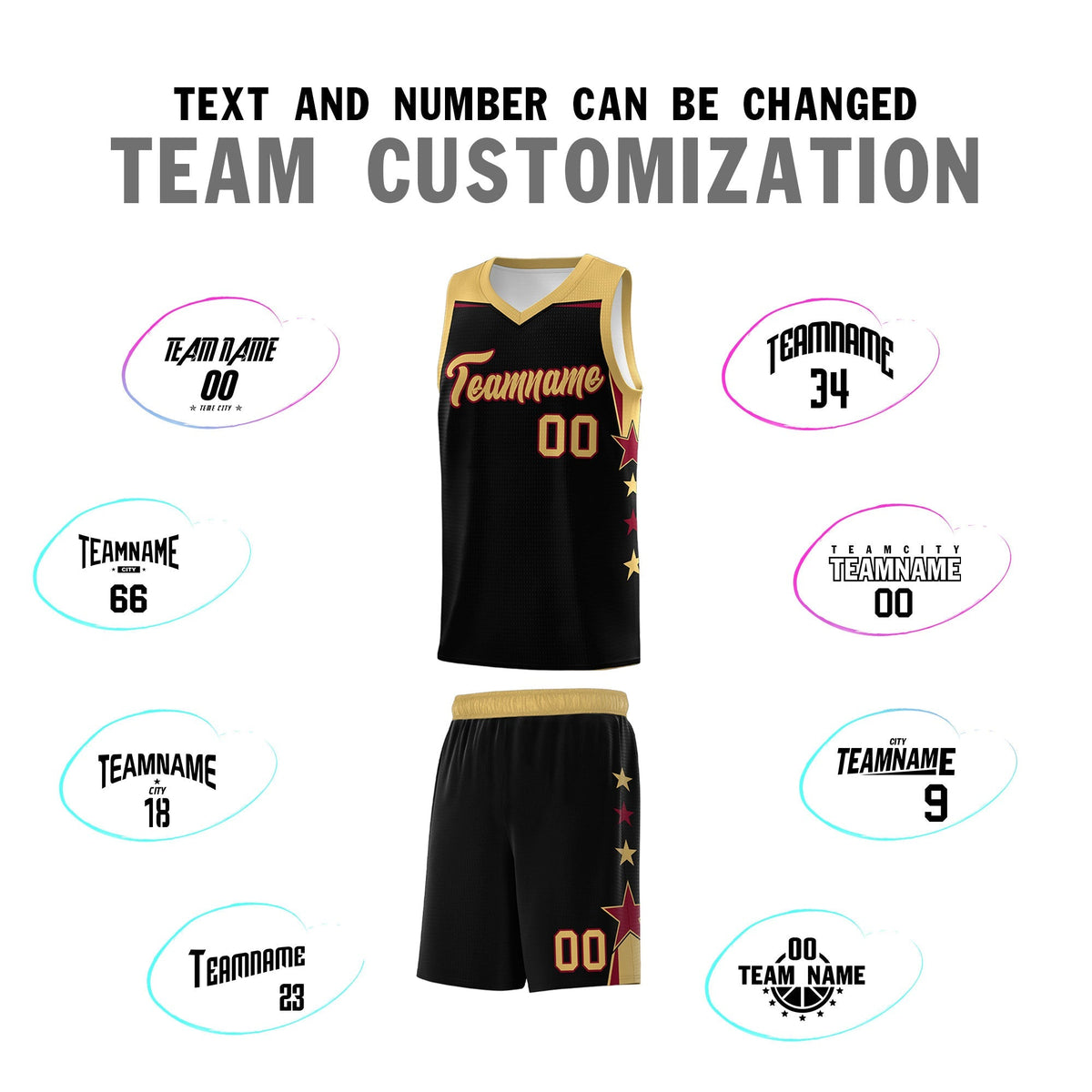 Custom Youth Basketball Uniform Black Old Gold Two Tone Side Star Add Name Number & Logo