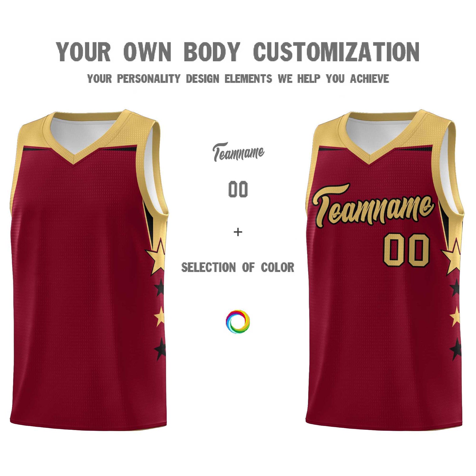Custom Youth Basketball Uniform Crimson Old Gold Two Tone Side Star Color Block Team Jersey
