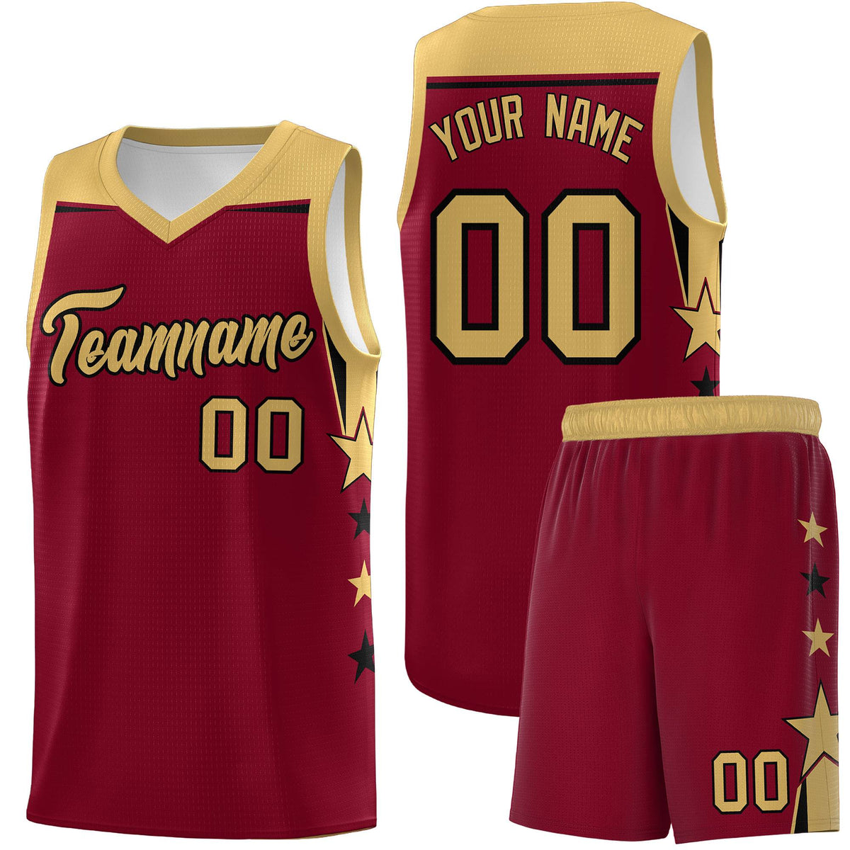 Custom Youth Basketball Uniform Crimson Old Gold Two Tone Side Star Color Block Team Jersey