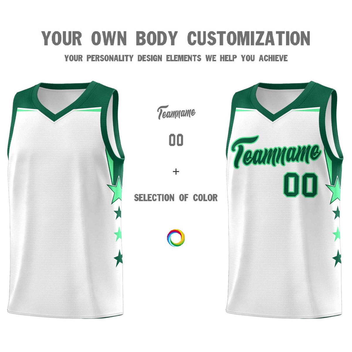Custom Youth Basketball Uniform White Kelly Green Two Tone Side Star Add Name Number & Logo