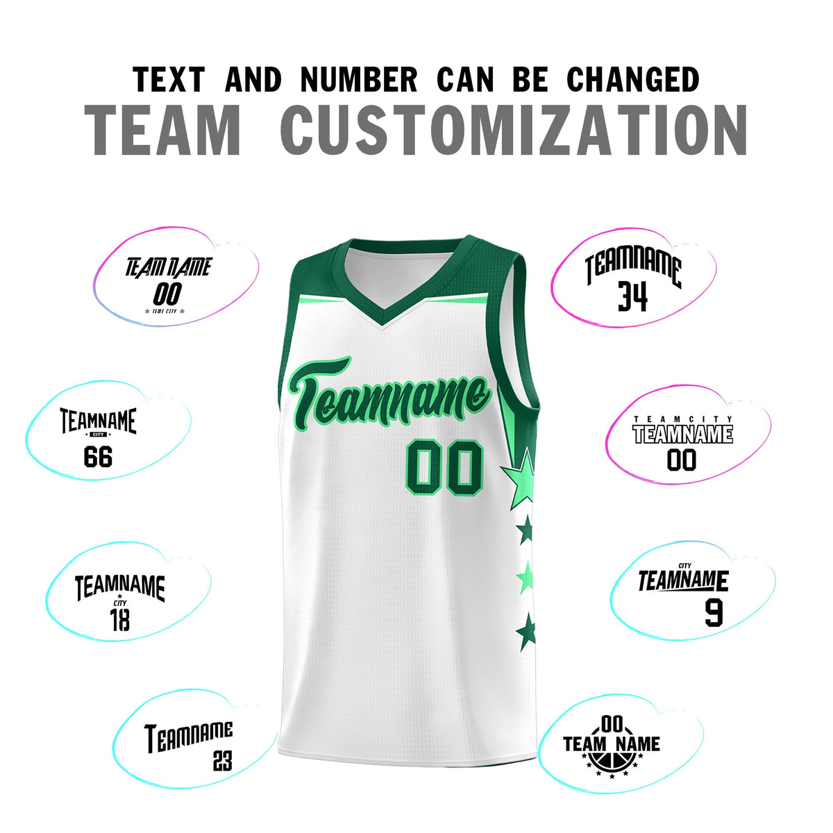 Custom Youth Basketball Uniform White Kelly Green Two Tone Side Star Add Name Number & Logo