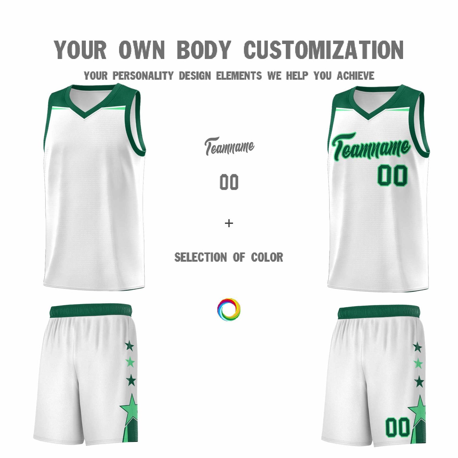 Custom Youth Basketball Uniform White Kelly Green Two Tone Side Star Add Name Number & Logo