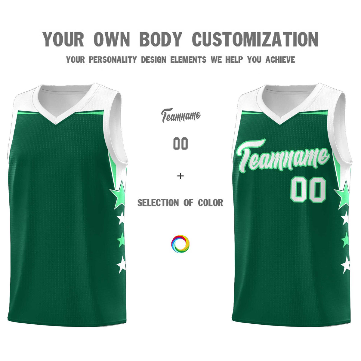 Custom Youth Basketball Uniform Kelly Green White Two Tone Side Star Personalized Team Jersey